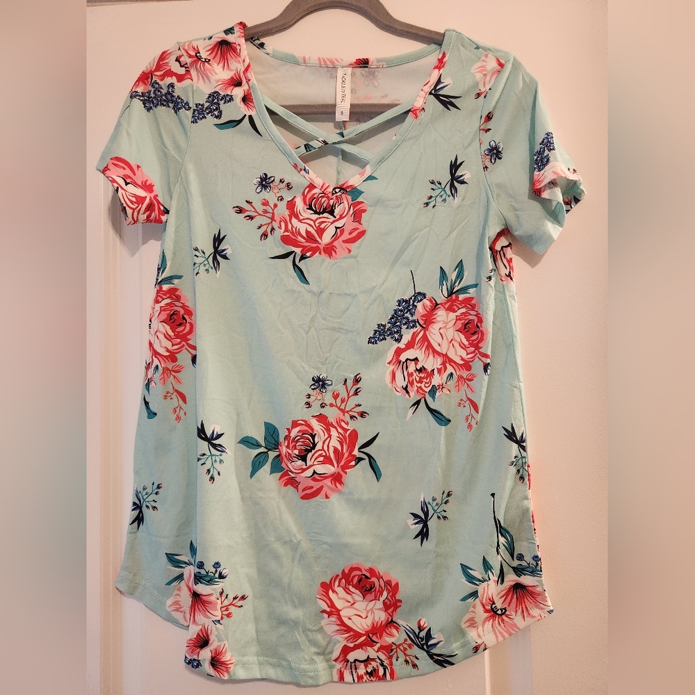 Aqua and pink flowered T-Shirt